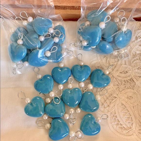 Blue Glazed Ceramic Porcelain Hearts & Pearl Beads W Metal Links (lot 10 links) - Picture 3 of 11
